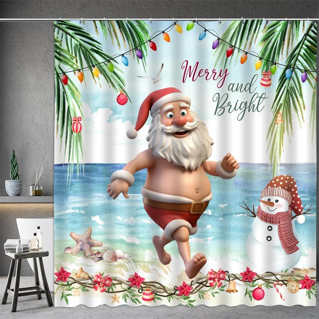 Christmas Shower Curtain, Winter Snowman Santa Claus Snowflake Gnome Farm Truck Berry Christmas Tree Cartoon Bathroom Decorati