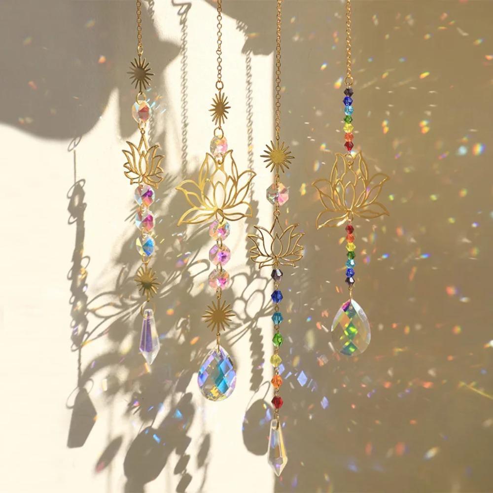 Sun Catcher Crystal Lotus Hanging Crystal Colored Glass Sun Catcher Outdoor Decoration Rainbow Maker Prism Chakra Garden Decorat