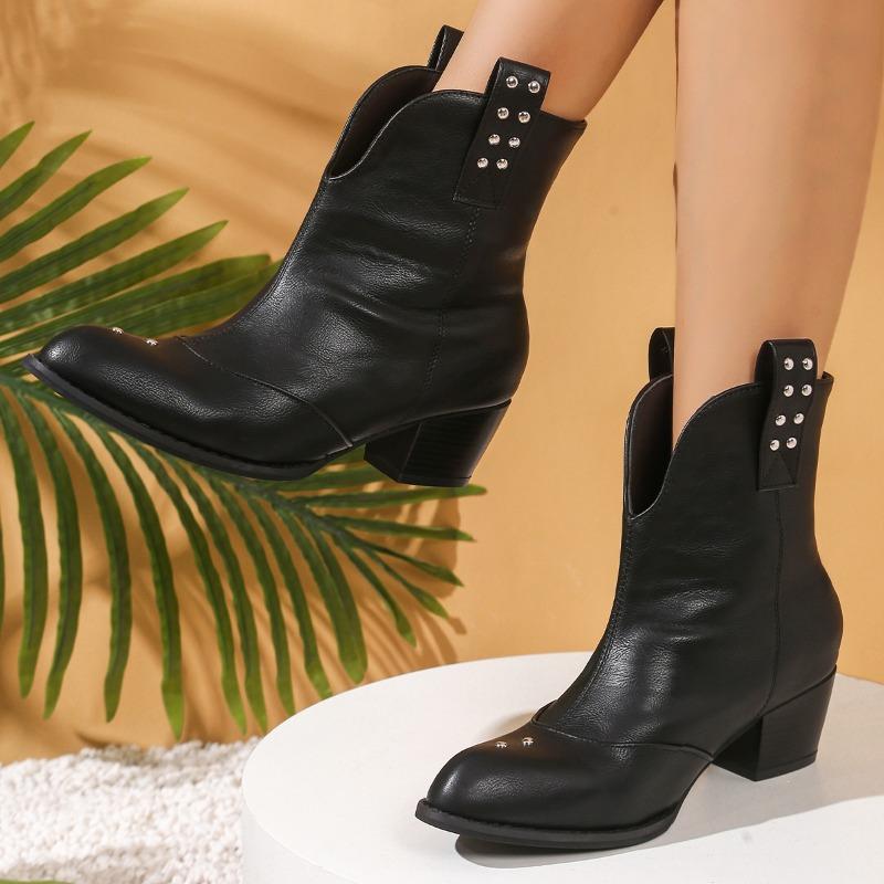 

Мода 2025 Новые ботильоны на блочном каблуке больших размеров Женские остроносые универсальные ботинки на высоком каблуке для осени и зимы 42 чёрный