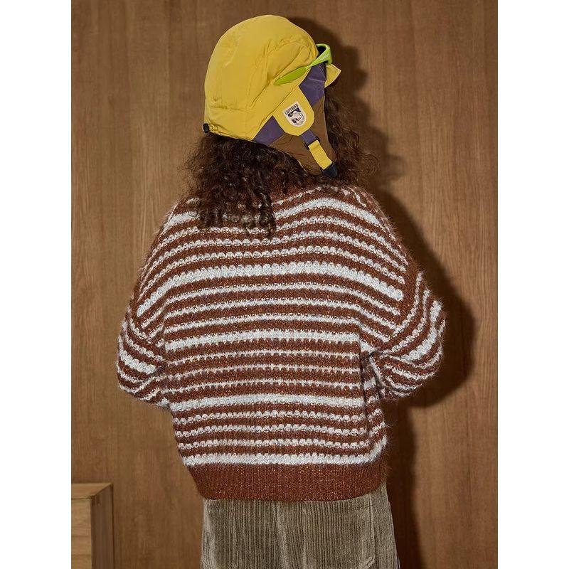 Coolhut Lazy Style High-End Striped Round Neck Soft and Loose Pullover 2025 Winter Women's Knitted Sweater