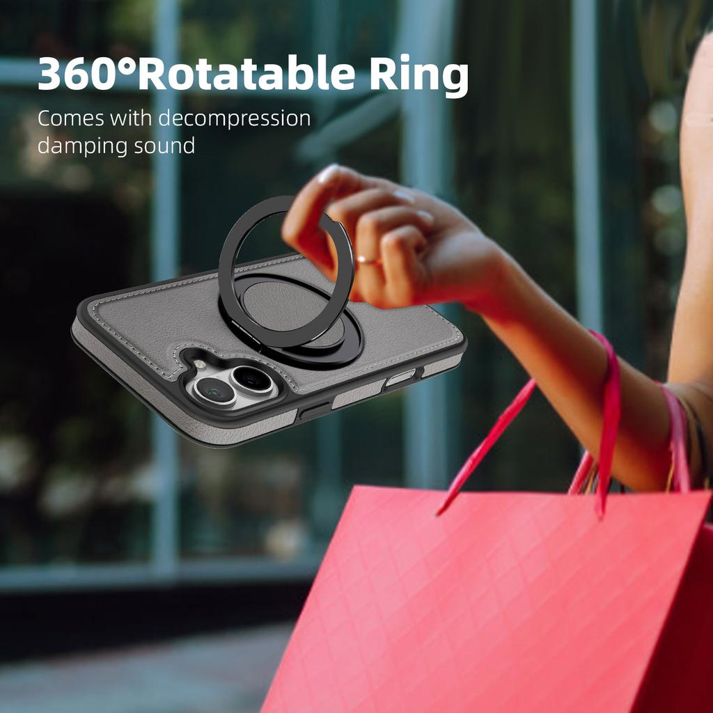 For iPhone 16 Magnetic Case Rotate Ring Kickstand PU Leather+PC+TPU Back Cover