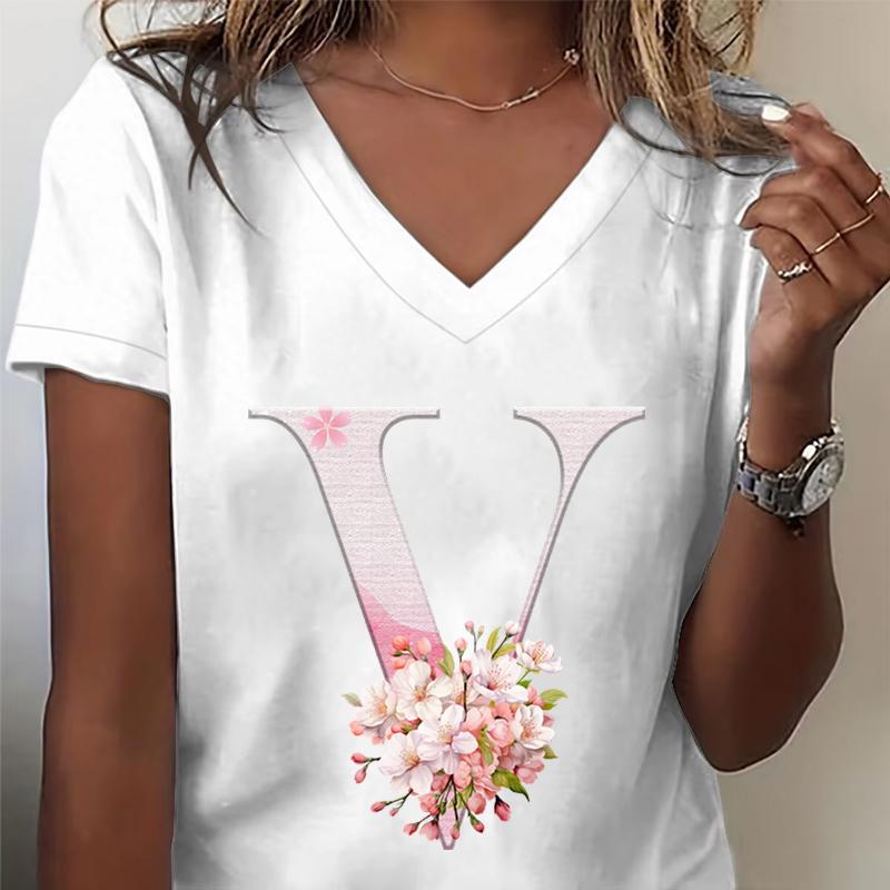 Pink Sakura 26 Alphabet Fashion Casual Tops Unisex Cherry Blossom Lover Vneck Short Sleeve Tshirt Letter R Floral Gift Clothing