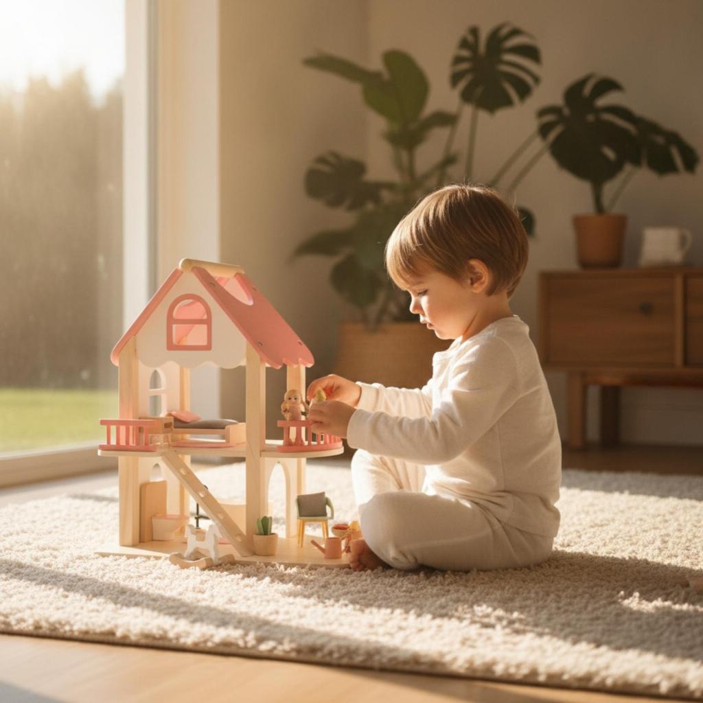 Pink Wooden Dollhouse | Multi-Level Open Layout, with Stairs, Toy, for