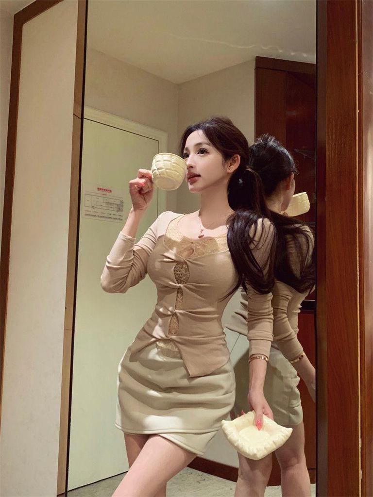 Women's Winter Style Sexy Fake Two-Piece Long-Sleeve Slimming Hollow Base Layer Top