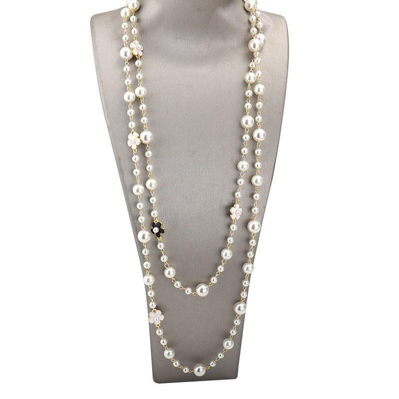 Long Pearl Necklace with Double-Sided Enamel Camellia Pendant, Coquette Aesthetic Y2K Minimalist French Chic Versatile Layering Chain for Women