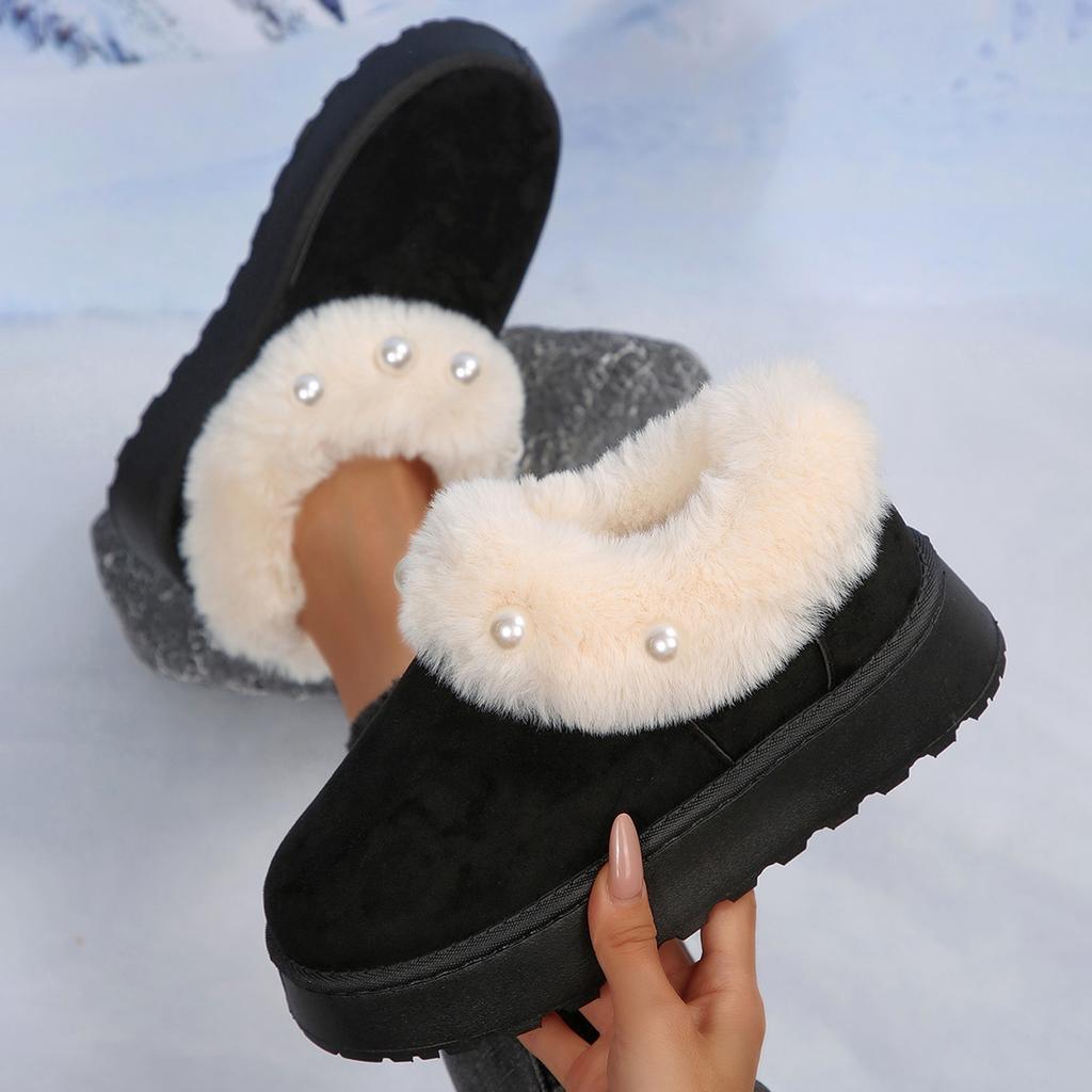 Non Slip Thick Bottom Furry Snow Boots Women 2025 Winter Chunky Platform Wedge Heel Plush Ankle Boots Fluffy Fur Pearl Shoes