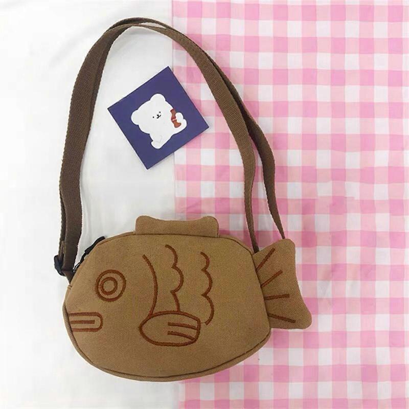 Cute Fish Shape Canvas Shoulder Bags Crossbody Fanny Pack Outdoors Sport Waist Bag Zipper Purse Student Phone Bag
