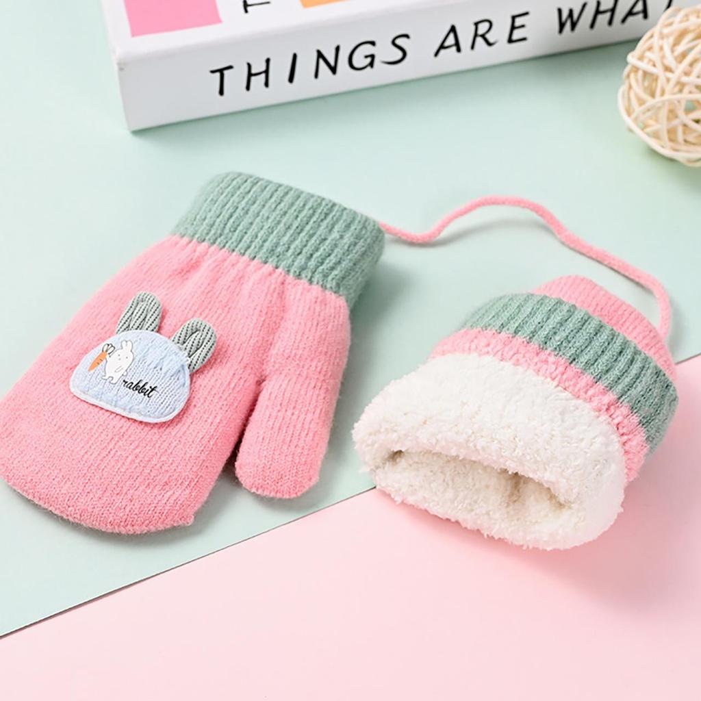 Baby Winter Gloves Cute Cartoon Thick Plush Knitted Mittens Outdoor Cold-proof Kids Boys Girls Full Finger Gloves With Ropes