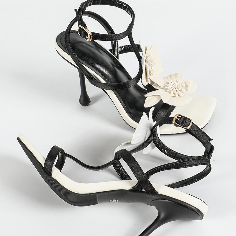 Sexy Roman Sandals Women Word Band Color Blocking Flower Ankle Buckle High Heels Party Nightclub Ladies Shoes