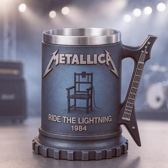 Metallica 3D Relief Kaffeetasse, Zahnradförmiger Sockel & Elektrische Gitarre Griff, Premium Harz & Stahlkrug für Metalheads