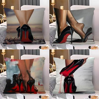 Women Black High Heels Shoes Pillow Covers Cartoon Sofa Decorative Home Double-sided Printing Short Plush Cute Cushion Cover