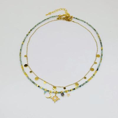 Buntes Retro-Steinketten-Halsband mit Sternanhänger und Titanstahl-Schichten