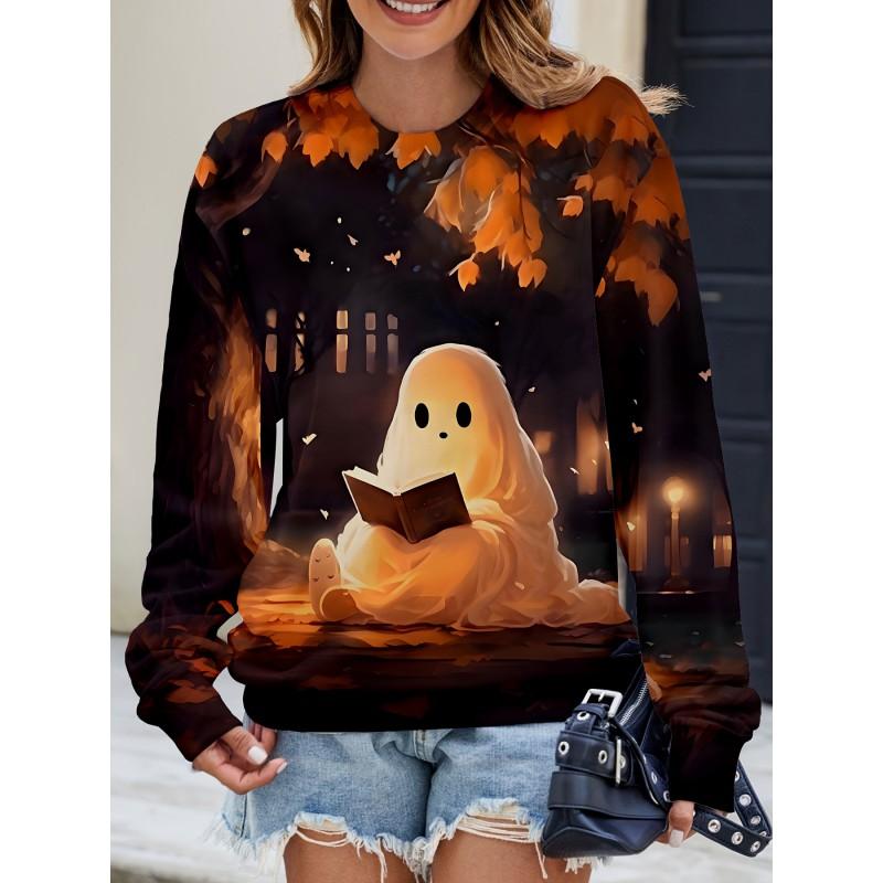 Womens Casual Hoodie With 3D Halloween Print Round Neck Lightweight Breathable Fabric