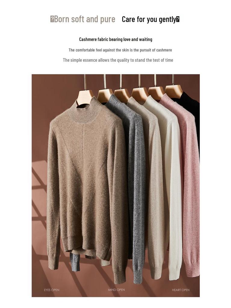 Women's Cashmere Half-High Neck Thick Knit Sweater for Autumn/Winter Warmth.