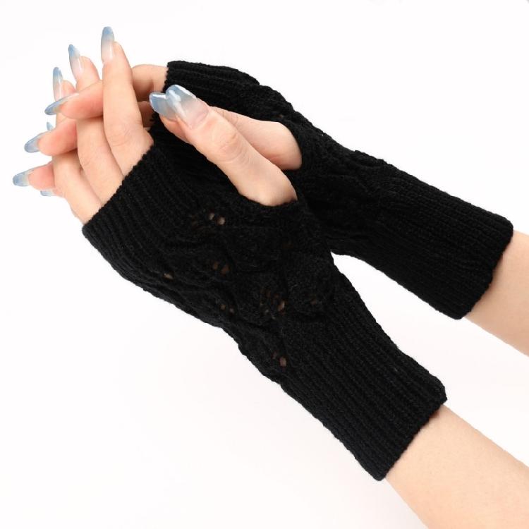 Knit Gloves Textured Leaf Design Soft Acrylic Fabric Cold Weather Fingerless Handwear Unisex Solid Color