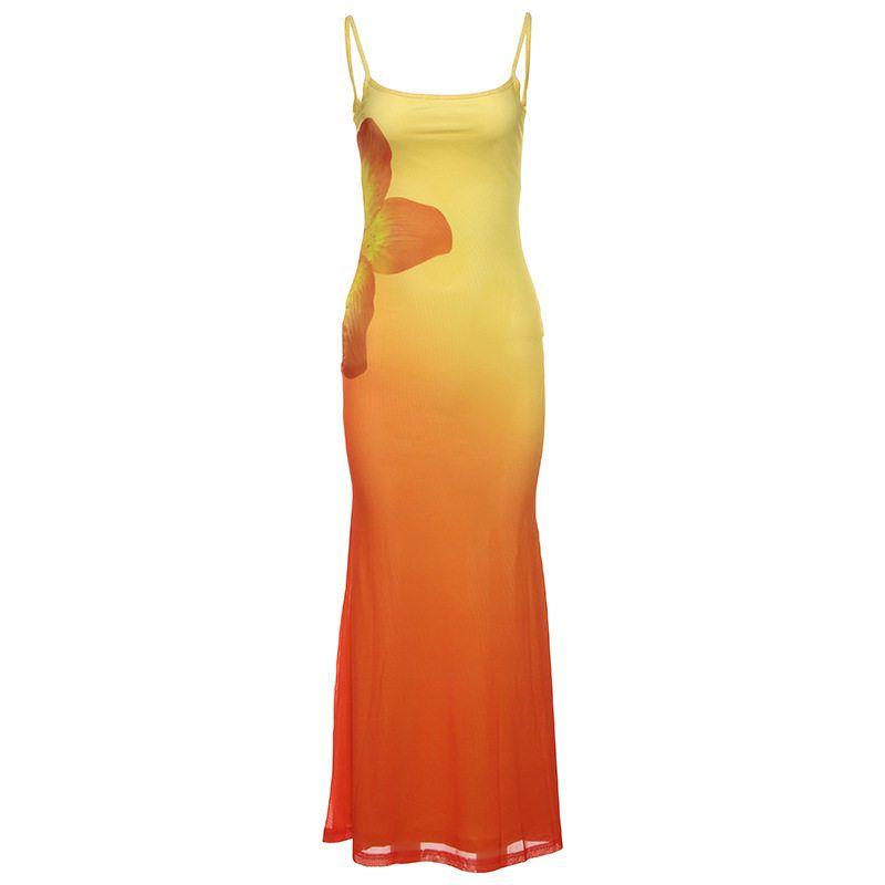 Cross-Border European and American Style 2024 New Summer Women s Fashion Street Style Sexy Spaghetti Strap Long Dress for Women Yellow S