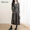 Plus Size Spring Autumn Women Vintage Midi Dress V Neck Plaid Casual Loose Ruffles Dress Retro Long Sleeve Elegant Dress With Belt