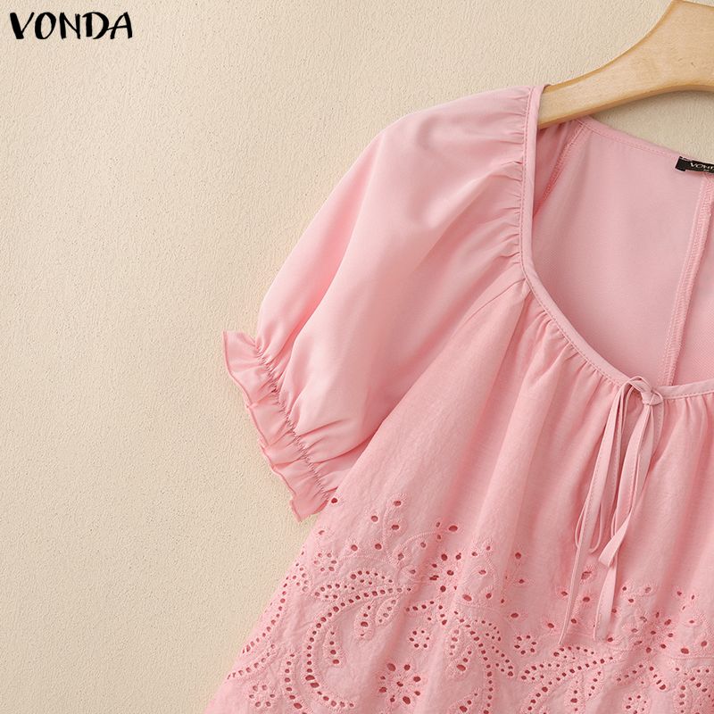 VONDA Camicie Bluse Casual Estive da Donna con Scollo a U, Intreccio di Pizzo all'Uncinetto sul Davanti, Manica Corta