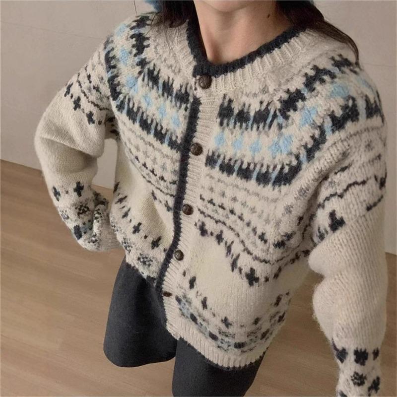 Premium retro jacquard crew neck knitted cardigan women's autumn and winter thickened single-breasted loose Fair Island sweater jacket