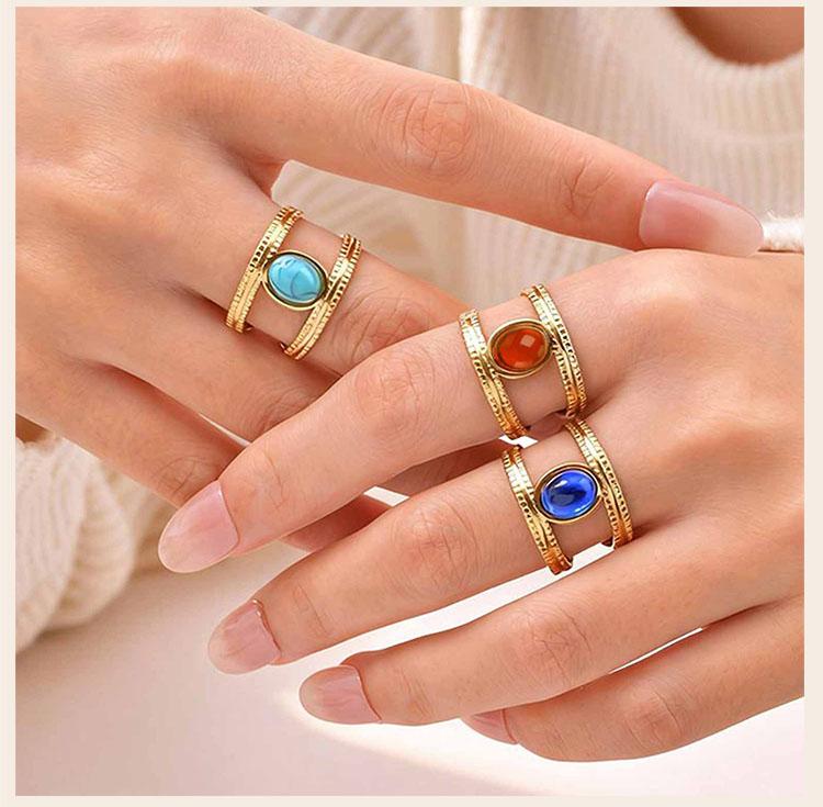 Waterproof Stainless Steel Rings for Women, Double Layered Open Adjustable Oval Nature Stone Bohemian Stylish Fashion Jewelry