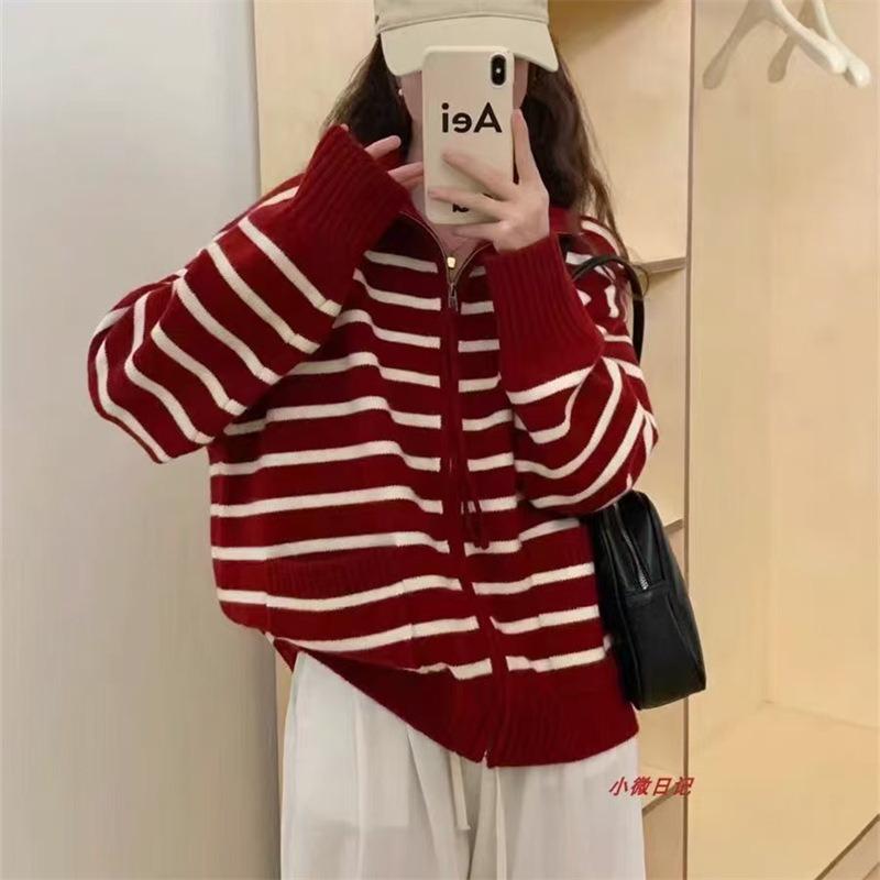 Herbst und Winter neue lockere modische gestreifte Strickjacke Damen vielseitige lässige warme Reißverschluss-Pulloverjacke Damen