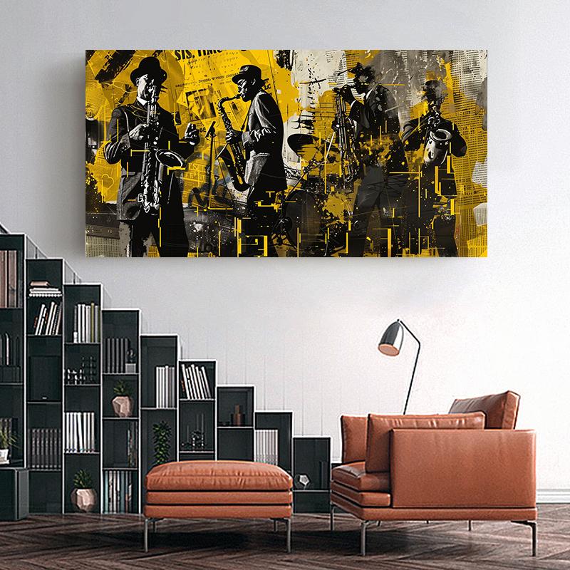 Pianist Playing Piano Saxophone Violin  Jazz Band Canvas Print  Vintage Oil Painting Style Wall Art Gift, Music School Decor