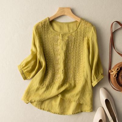 Sommer Eleagnt Shirts Damen O-Ausschnitt Blumenstickerei Bluse 3/4 Ärmel Arbeitsoberteile Causal Locker Baumwolle Blusas Femme Tunika