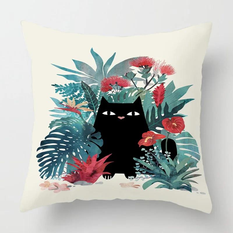 Home Decor Cat & Tropical Plant Patterned Pillow Covers Pattern Cushion Cover Suitable for Sofa Bedroom Car Pillow Cover