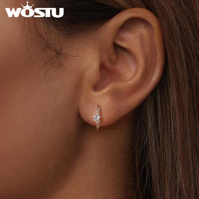 WOSTU 925 Sterling Silver European Simple CZ Ear Buckles Heart Hoop Earrings for Women Wedding Gift Minimalism Jewelry E737