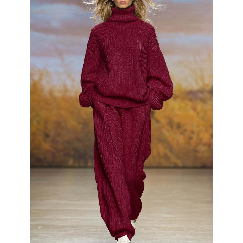 2025 Autumn/Winter Women's Casual Knit Set: High Neck Top & Wide Leg Pants