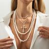 Punk Hip Hop Style Metal Cross Pendant Necklace, Stylish Stacked Imitation Pearl Beaded Necklace