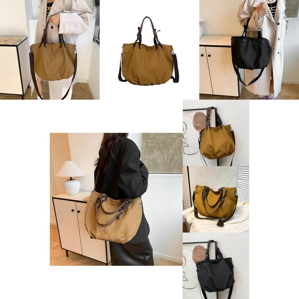 Chic Black And Khaki Canvas Tote Bag Vintage Fashionable Large Size Handbag