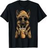 German Shepherd Hipster Dog Drinking Iced Coffee Sunglasses T-Shirt