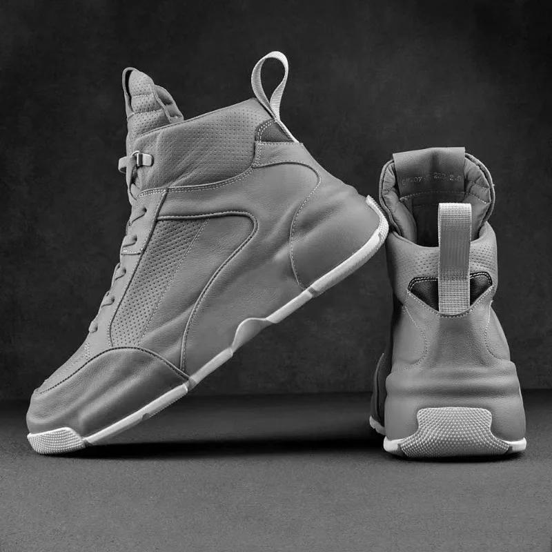 Men's High Top Sneakers Thick Soles Fashion Leather Casual Board Shoes Invisible Inner Height Increasing Non-slip Sports Shoes