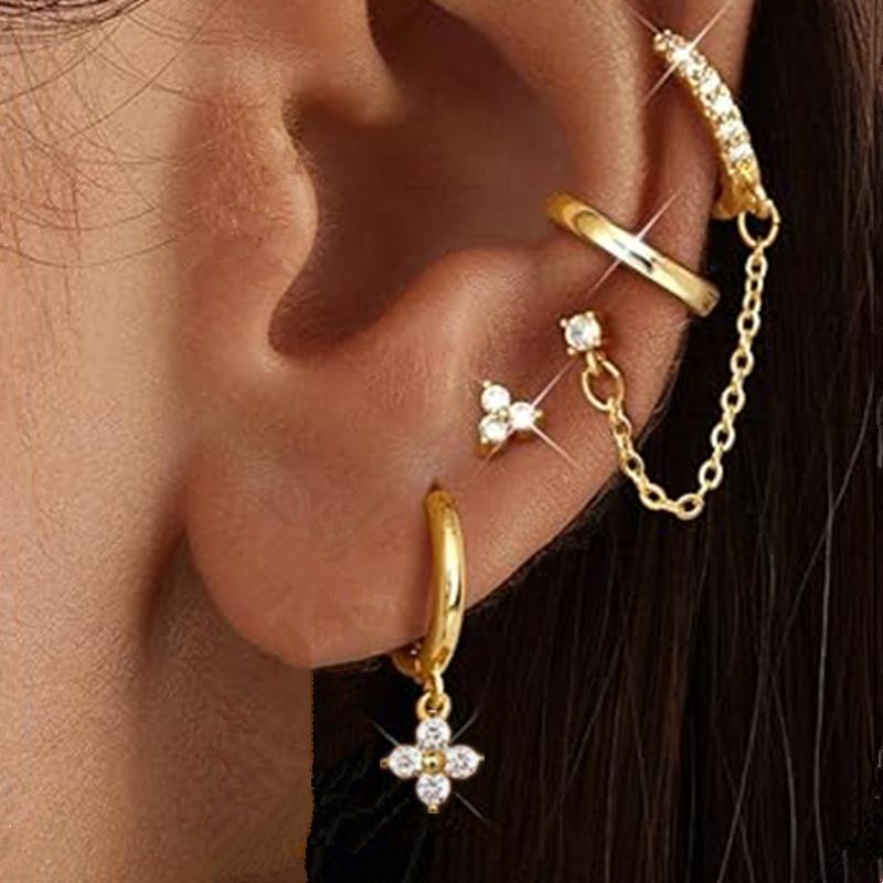 4PCS Double Piercing Chain Huggie Hoop Earring Lot For Women Tragus Stud Earrings Flower Cartilage Helix Jewelry Lobe Earing Set