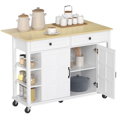 Kitchen Island with Wheels Folding Countertop 2 Doors with Soft Close 2 Drawers 6 Open Shelves White