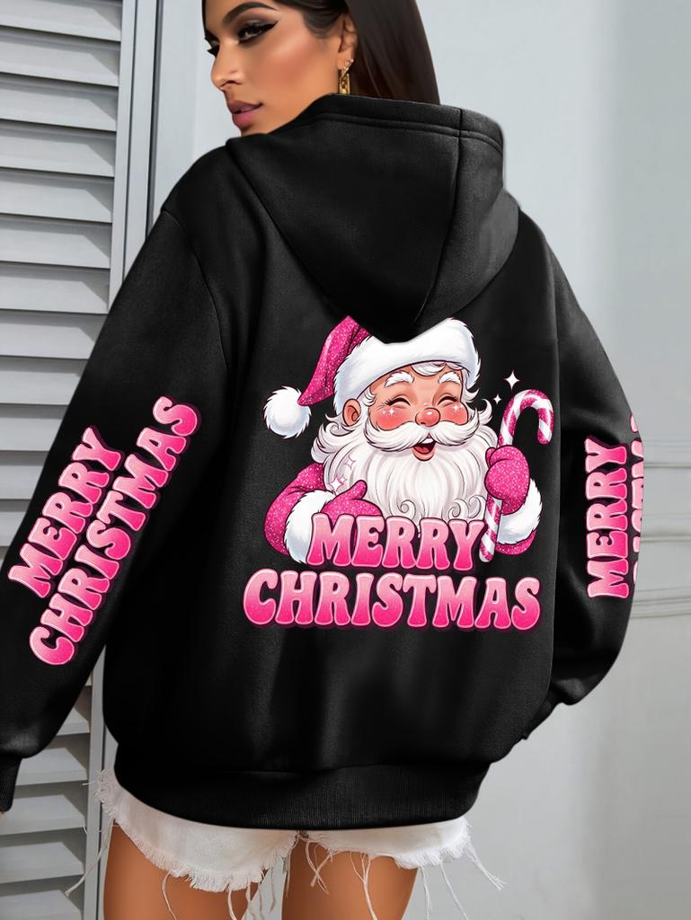 Merry Christmas Pink Santa Claus Printed Hoodies Women Pocket Fleece Hoodie Autumn Multicolor Sportswear Hip Hop Loose Clothes