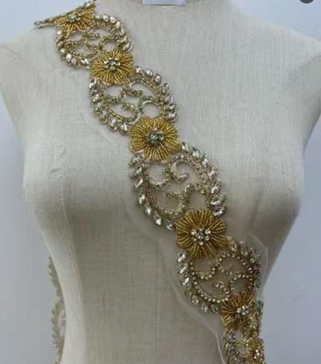 RM-800 Handmade Rhinestone Beaded Lace Trim Applique Sequin Beaded Trim for Bridal Beaded Trimming