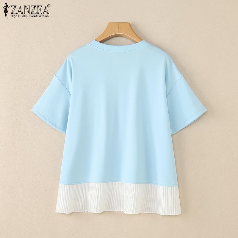 ZANZEA Women Casual Round Neck Short Sleeve Splice T-Shirts