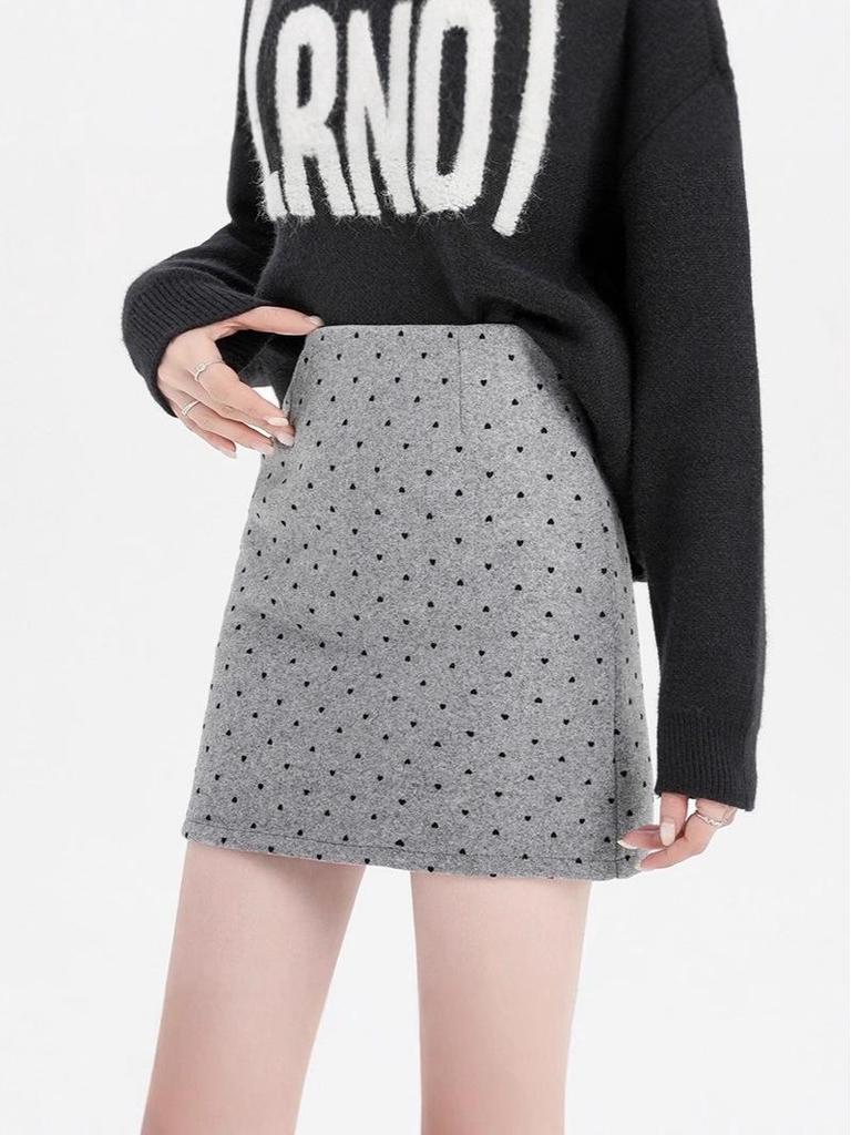 Women's Gray Heart Polka Dot Woolen A-Line High Waist Slimming Short Skirt for Autumn/Winter
