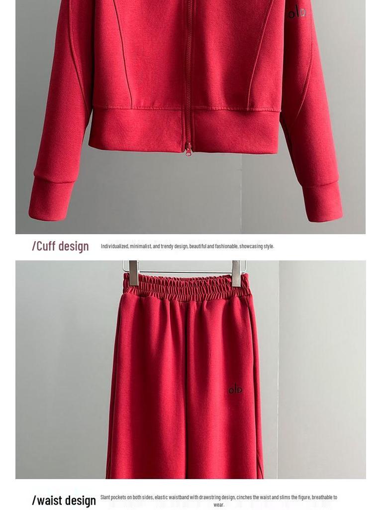Stylish Red Hooded Zipper Hoodie & Wide-Leg Pants Set for Women, Autumn/Winter, Perfect for Chinese New Year.