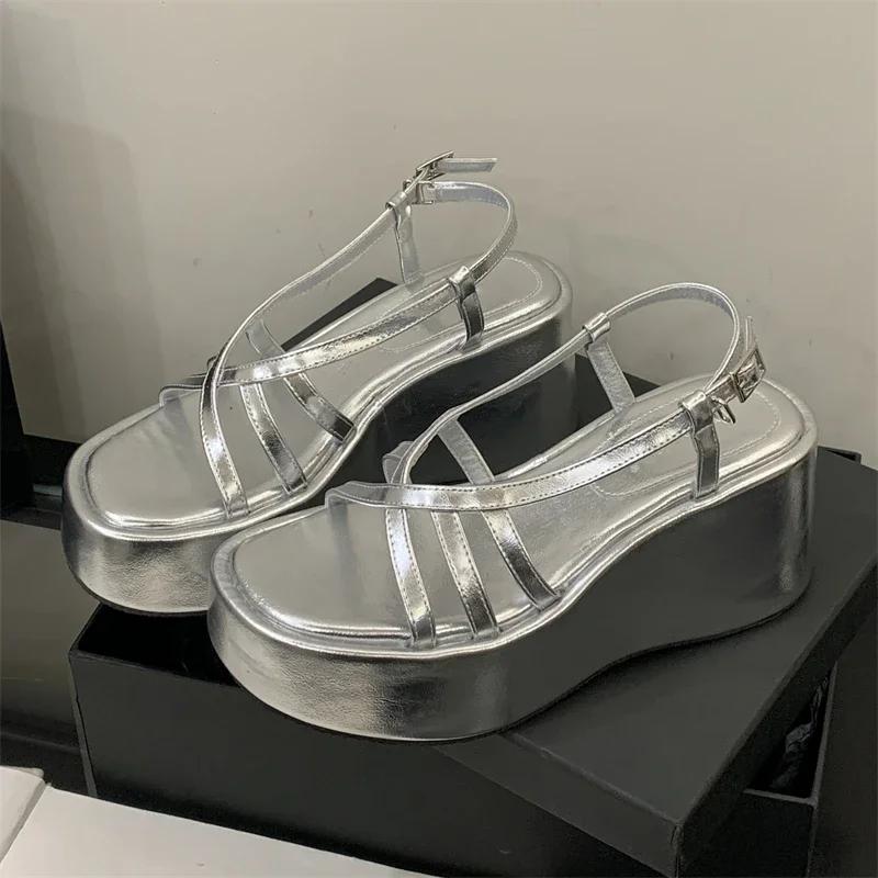 New Summer Design Narrow Band Buckle Strap Platform Wedge Heels Woman Sandals Fashion Open Toe Banquet Shoes