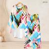 Women Plus Size Purple White Printed Round Neck Long Sleeve High Low Top Wide Leg Pants Two Piece Set
