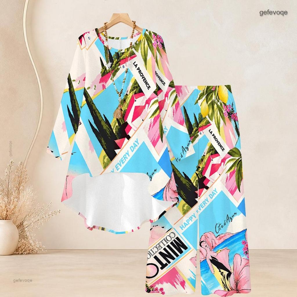 Women Plus Size Purple White Printed Round Neck Long Sleeve High Low Top Wide Leg Pants Two Piece Set