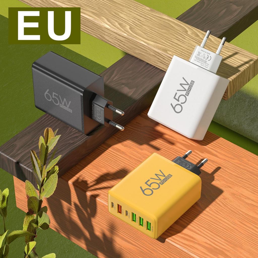 65W Multi-Port Fast Charger with 4 USB & Dual PD for Apple, Huawei, and Android Phones.