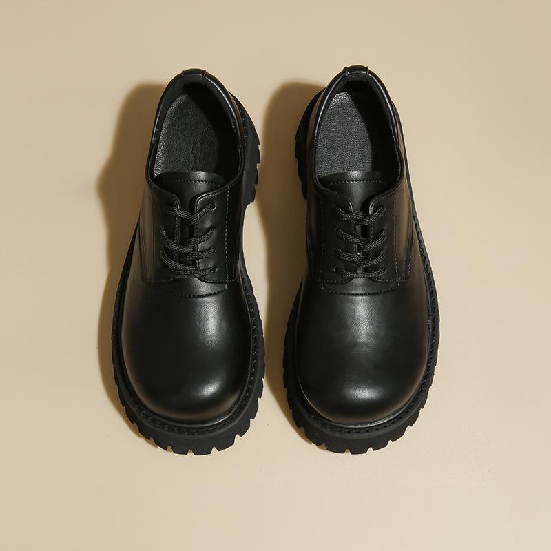 British leather small leather shoes men's and women's round head lace-up retro derby single shoes platform size