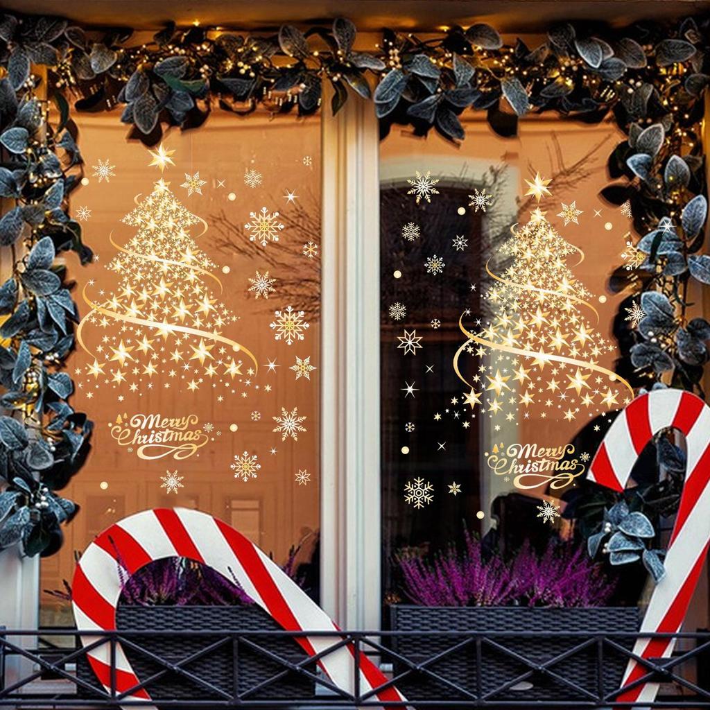 2025 Christmas Window Decals 2 Sheets PVC Reusable Christmas Tree Gold Star Window Clings For Home Party Decoration
