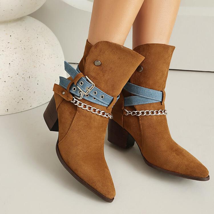 Large size casual matte leather boots high-top buckle slip-up men's boots fashion personalized chain square head leather shoes