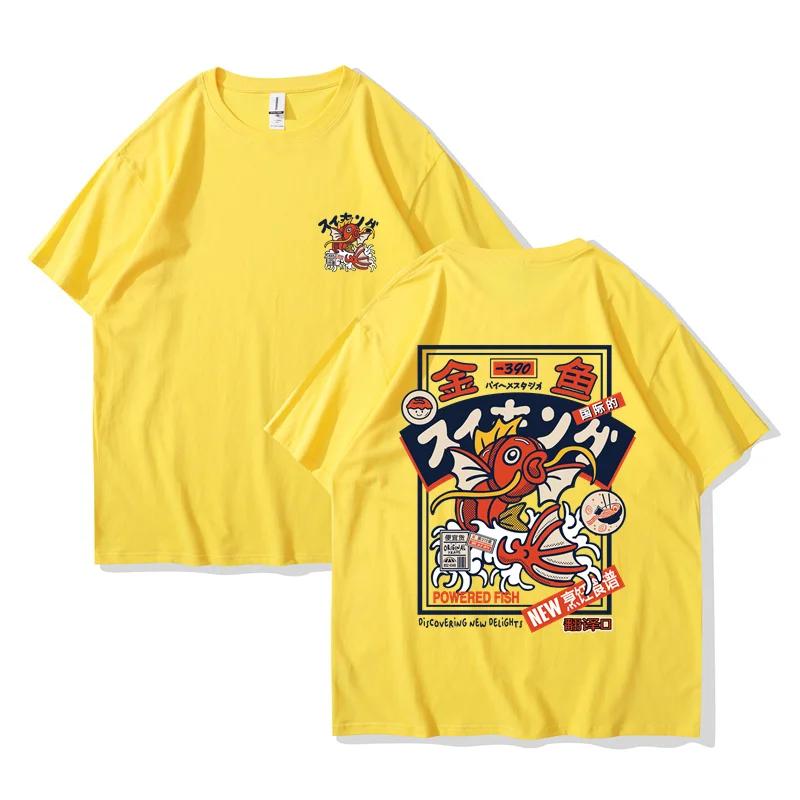 Unisex Red Koi Print Short Sleeved Round Neck Tshirt Japanese Style Harajuku Hip-hop Streetwear Shirt Summer Women Shirt