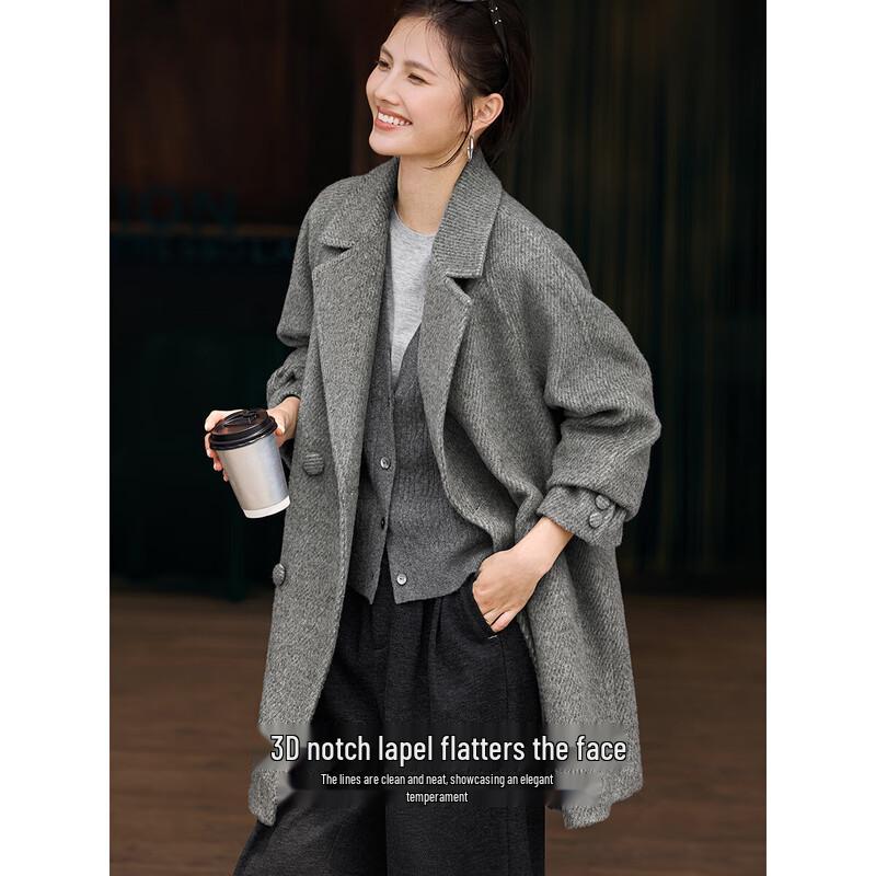 XWI Women's Retro Dark Twill Double-sided Wool Coat